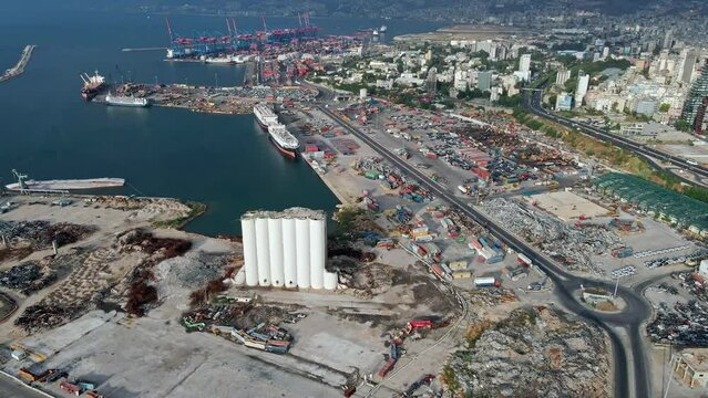 Beirut, Lebanon - July 29, 2023: Aerial Drone Shot Of The Massive Blast Explosion Site That Happened At Beirut Port Silos