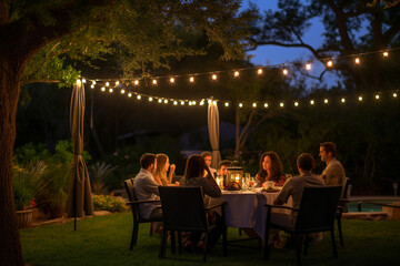 Capture the warmth of a bokeh-lit family barbecue, with strings of twinkling lights draping over a lush backyard, creating a magical ambiance as loved ones gather." Generative AI
