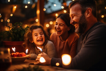 Obraz na płótnie Canvas Create a heartwarming photo of family members laughing and enjoying delicious grilled treats, with bokeh lights in the background adding a touch of enchantment to the moment.