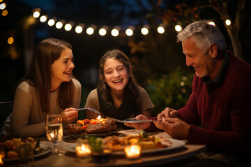 Create a heartwarming photo of family members laughing and enjoying delicious grilled treats, with bokeh lights in the background adding a touch of enchantment to the moment." Generative AI