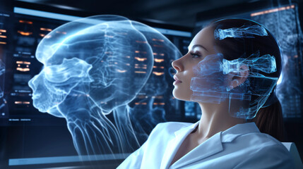 Testing brain of female patient. Hologram of brain. Virtual screen, Artificial intelligence in medicine for diagnosing patients. Generative Ai content.