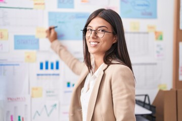 Young beautiful hispanic woman business worker writing on reminder paper at office