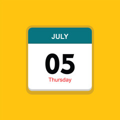 thursday 05 july icon with yellow background, calender icon