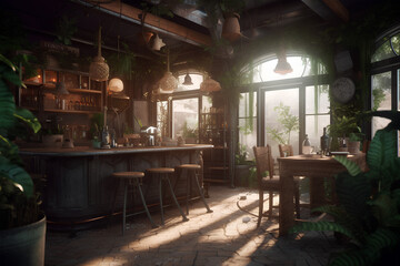 Fototapeta na wymiar Interior of desolate fairy forest cafe
