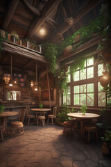 Obraz na płótnie Canvas Interior of desolate fairy forest cafe