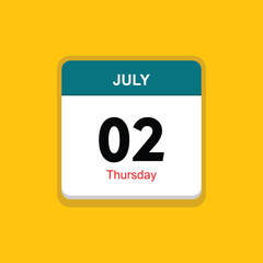 thursday 02 july icon with yellow background, calender icon