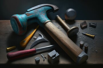 Set of tools for carpenter on a dark background. Hammer, hammer, chisel, chisel, shavings