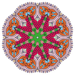Mandala flower decoration, hand drawn round ornament, isolated design element on a white background. Vector geometric floral pattern. Tribal ethnic fashion motif for paper, textile, cloth fabric print