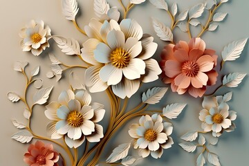 Elegant colorful 3d flowers with leaves on a tree illustration background.