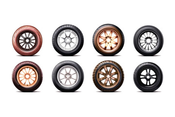 Naklejka na ściany i meble Different types tire for cars wheel collection photorealistic isolated white and transparent background generative ai
