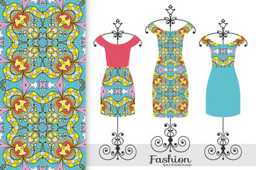 Fashion art collection, colorful vector illustration. Women's dress on a hanger and decorative seamless pattern for textile fabric, paper print, invitation or business card design. Isolated elements
