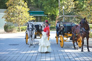 Young black and South American woman wearing a beige gypsy flamenco suit and red shawl, posing next to typical horse-drawn carriages of the city of Seville in Spain. Concept dance, folklore, art.