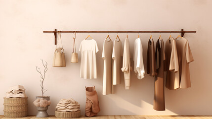 Grunge backdrop showcases clothes, while cream background hosts shelf. Array of neutral beige-hued garments adorns a rack. 3D rendering imbues store and bedroom vibes.