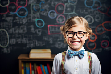 Happy young girl standing in classroom, back to school and education concept. Generative AI