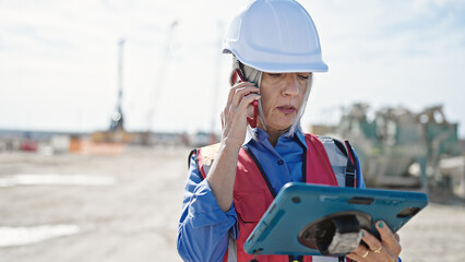 Middle age grey-haired woman builder using touchpad talking on smartphone at street