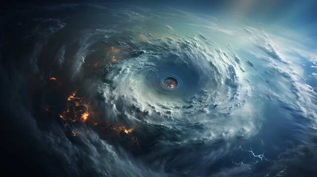 Hurricane from space. Satellite view. Super typhoon over the ocean. The eye of the hurricane. View from outer space.
