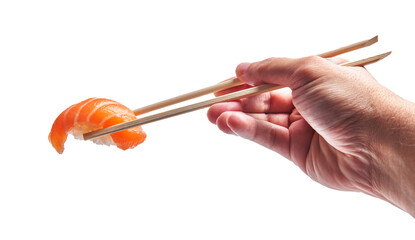  Hand of man holding salmon nigiri with chopsticks over isolated white background
