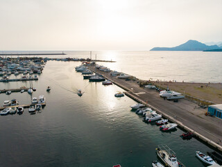 Aerial view of marina in Bar in Montenegro. Harbor for yacht and port concept