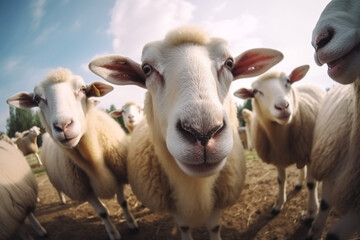 Happy sheep roaming free on farm meadow . Farm animal welfare and care. Generative Ai