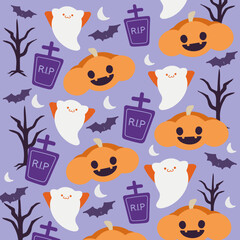 seamless halloween pattern with ghosts, bats and lanterns.