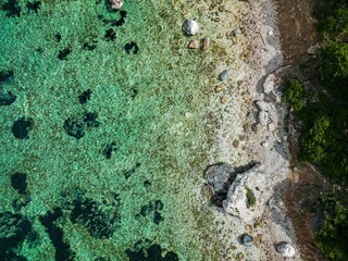 Aerial view of a pristine beach surrounded by lush green trees in a tranquil setting