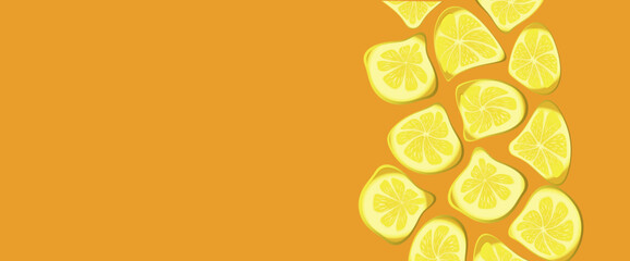 Composition deformed lemons on the orange color background. Distorted and surreal fruit collection. Banner with empty space.