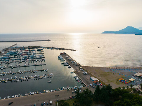 Aerial view of marina in Bar in Montenegro. Harbor for yacht and port concept