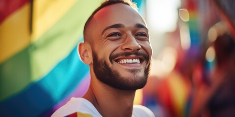 Smiling young gay man with make up standing against pride flag. Men gay enjoying during march on street for lgbt rights. Diversity and gender identity concept, generative ai