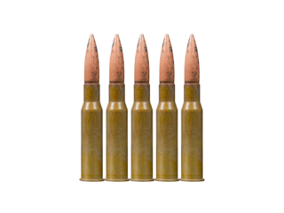 Five-round stripper clip with firearms cartridge with bullet 7,62 mm caliber is isolated on transparent background.