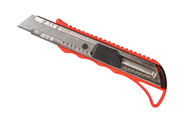 A clerical knife with a red plastic handle is isolated on a transparent background.
