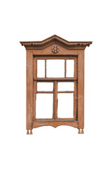 Old brown ukrainian wooden window frame with decorative carved elenents isolated on transparent background.