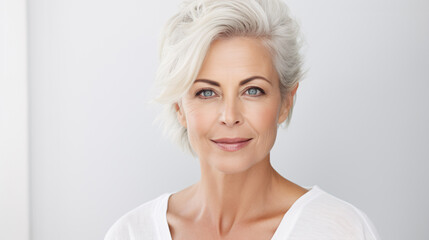 Charming 50s mid-aged woman, isolated on white, gazes at the camera. Close-up portrait of a mature lady with healthy skin, representing beauty, middle-age skincare, and cosmetology.