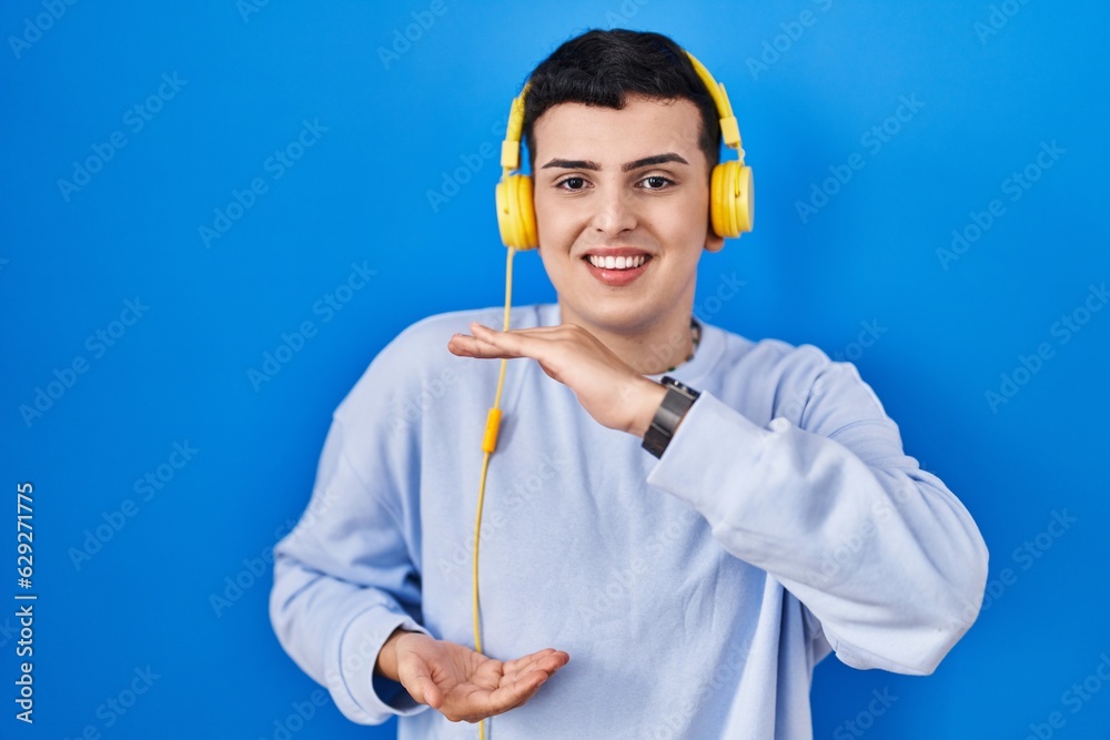 Sticker non binary person listening to music using headphones gesturing with hands showing big and large siz