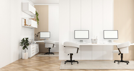 The interior Computer and office tools on desk room muji style interior design.