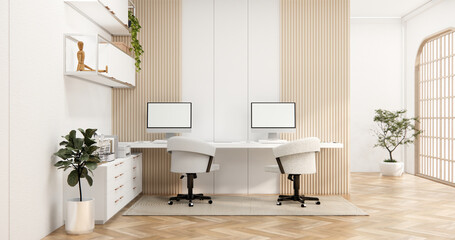 The interior Computer and office tools on desk room muji style interior design.