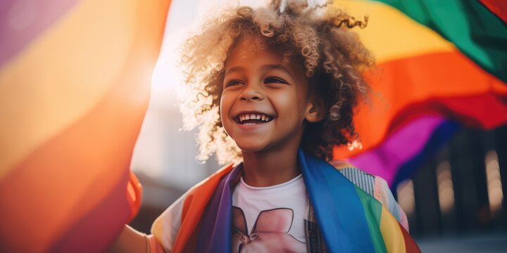 Smiling young boy standing against pride flag. Child enjoying during march on street for lgbt rights. Diversity and gender identity concept, generative ai