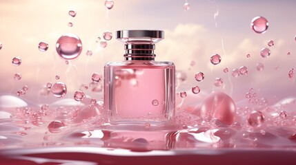 Pink cosmetic product ad template. 3d illustration of jar and bottle flying among glass disks and crystal balls.