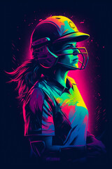 Young Female Girl Cricket Player Batsmen Illustration with Neon Colours and Energetic Vibe. Women Cricket. Generative AI	