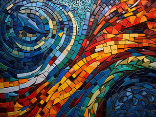 A therapeutic mosaic of colored tiles representing a healing journey, as if viewed from a bird's eye. Vibrant colors and intricate patterns, calm and peaceful, in a contemporary, abstract style