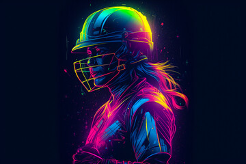 Young Female Girl Cricket Player Batsmen Illustration with Neon Colours and Energetic Vibe. Women Cricket. Generative AI	