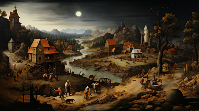 Medieval village oil painting in the style of old flemish masters