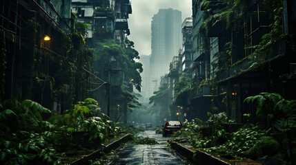 vision of an abandoned, gloomy, dark city which turned into an urban jungle full of greenery 