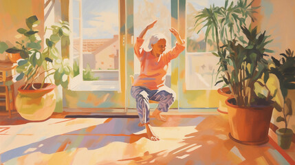 Obraz na płótnie Canvas an old woman practicing yoga, fluid pastel stroke, balance and flexibility, sunny room, subtle shadows, surrounded by indoor plants,