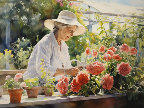 An elderly woman gardening, warm sunlight illuminating her from behind, surrounded by lush plants, roses blooming, watercolor aesthetic, focusing on calmness and serenity