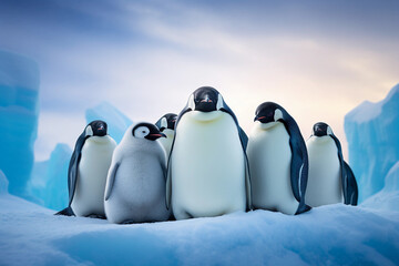 Emperor penguins in Antarctica, huddling for warmth, frosty environment, blue hues