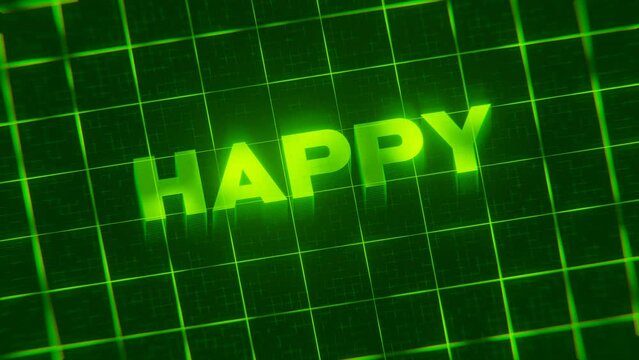 3D-rendered looping animation of the neon word Happy isolated on a green grid