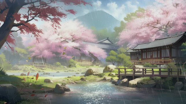 Beautiful fantasy rain nature landscape and cherry blossom tree, seamless looping video animation background in watercolor painting illustration style
