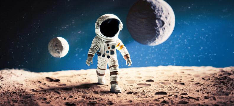 immagine con primo piano di astronauta che cammina sulla superficie di una immaginaria luna, spazio scuro e lune con crateri sullo sfondo