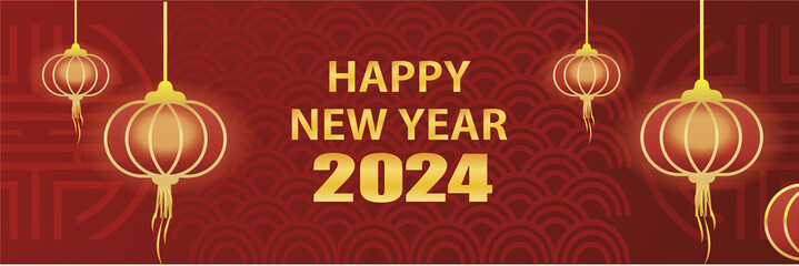 Happy 2024 New year banner with asian lanterns © Mykola