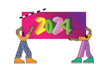 Happy new year 2024  banner design, abstract geometric background style. Creative Greeting card. Two flat characterst holding a poster with numbers 2024. Vector illustration.